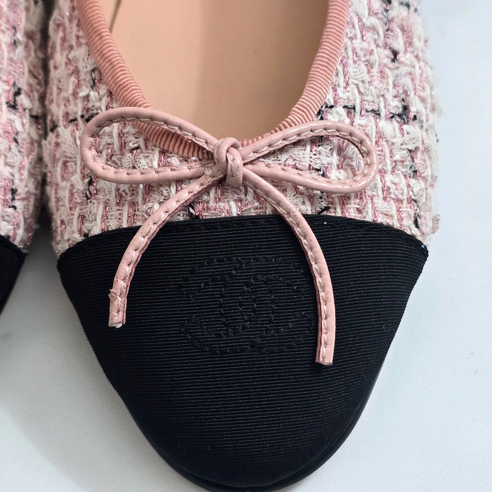 Chanel Pink Tweed Grosgrain Cap Toe Bow Ballet Flats Women’s US 9 EU 39C - Picture 4 of 9